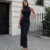 Knit Elegant Evening Dress Women High Waist Slim Sleeveless Bodycon Maxi Tank Dress Femme France Party High Collar Solid Knitted Dresses Woman