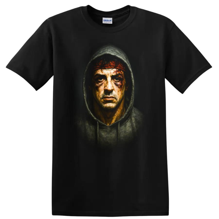 Rocky Balboa T Shirt Hooded Fighter Portrait Bloodied Boxing Tee