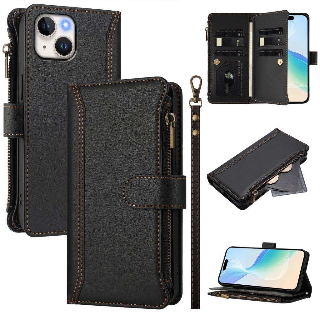 For iPhone 15 Leather Case 9 Card Slots Zipper Wallet Stand Phone Cover with Wrist Strap
