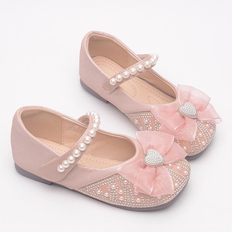 Girls' Small Leather Shoes, New Spring and Autumn Children's Soft Sole Crystal Princess Shoes, Little Girls' Rhinestone Bowknot Pearl Shoes
