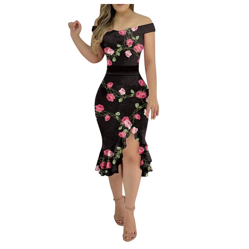 Женские повседневные платья для вечеринок с цветочным принтом, нерегулярный подол на одно плечо, сексуальное платье русалки с открытой спиной