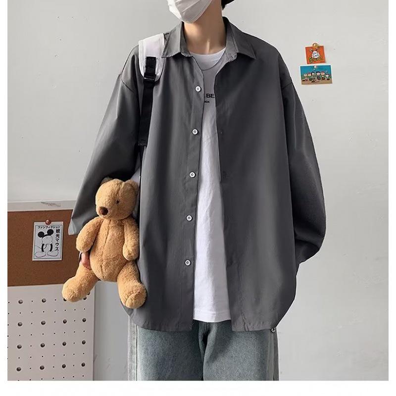 Мужская куртка-рубашка с длинным рукавом в корейском стиле на осень – модная, свободная, однотонная