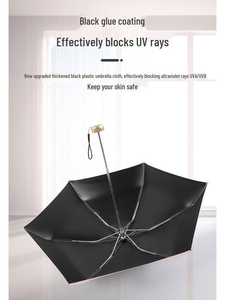 Compact Women's Five-Fold Sunshade Umbrella - Black Glue, UV Protection, for Sunny and Rainy Days, Customizable for Advertising
