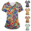 Women's Floral Printing Short Sleeve V-neck Tops Working Uniform Pocket Blouse