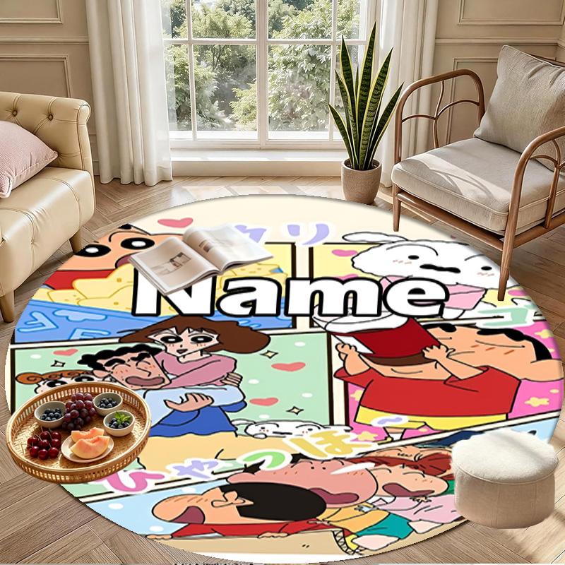 Custom Name Personalized Crayon Shin Print Round Rug, Versatile Home Decor Carpet, for Playroom, Apartment, Balcony, Entryway, Hallway Gift