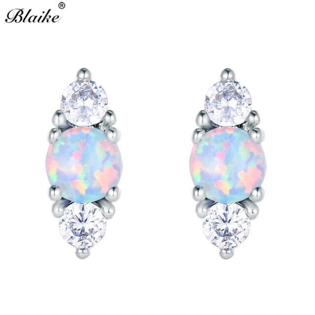 Серьги из стерлингового серебра 925 пробы, круглые, белые, синие серьги с огненным опалом для женщин, маленькие серьги с цирконом, двойные серьги, женские украшения