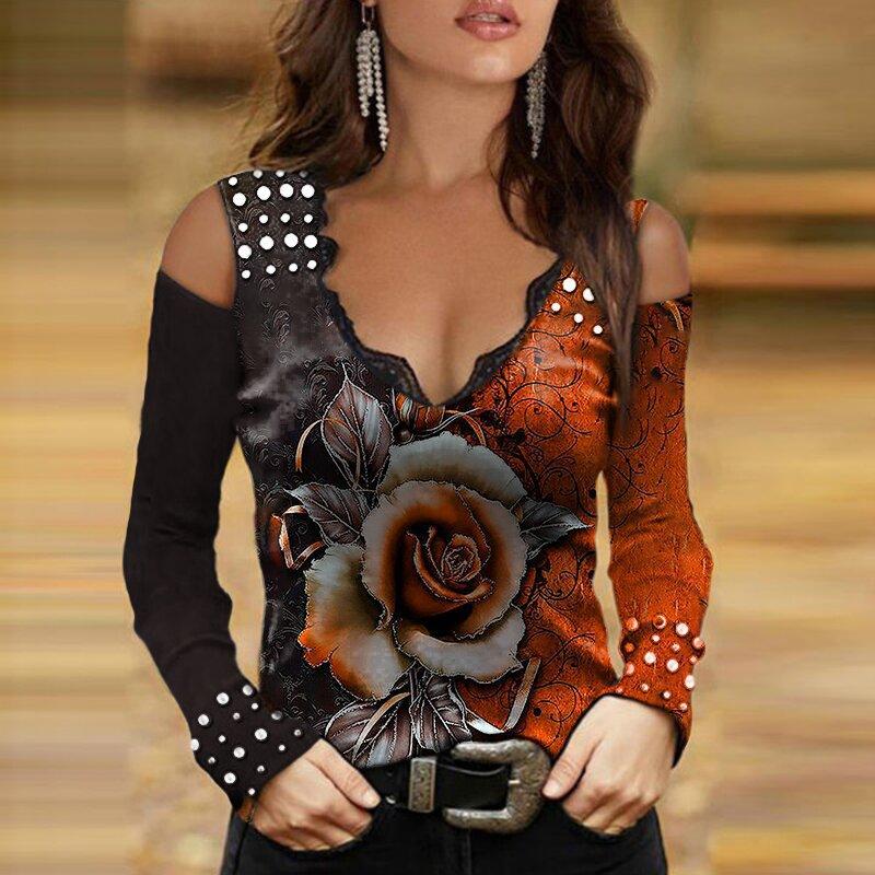 Весенне-осенний женский пуловер с v-образным вырезом и принтом, футболка с длинными рукавами, женская