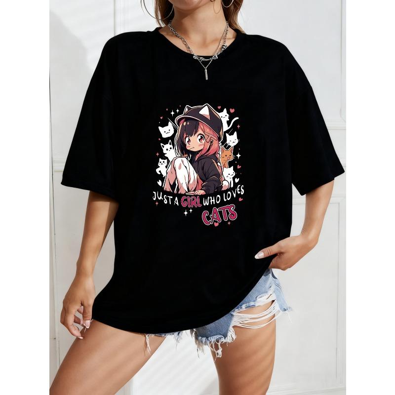 Белая футболка оверсайз с принтом аниме-девушки и кошек, текст Just A Girl Who Loves Cats для повседневной носки