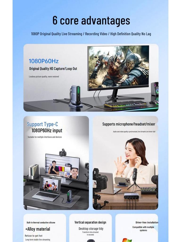 Acasis 8-канальная вертикальная HDMI-карта захвата для прямой трансляции с двух камер/телефонов и конференций с трансляцией экрана