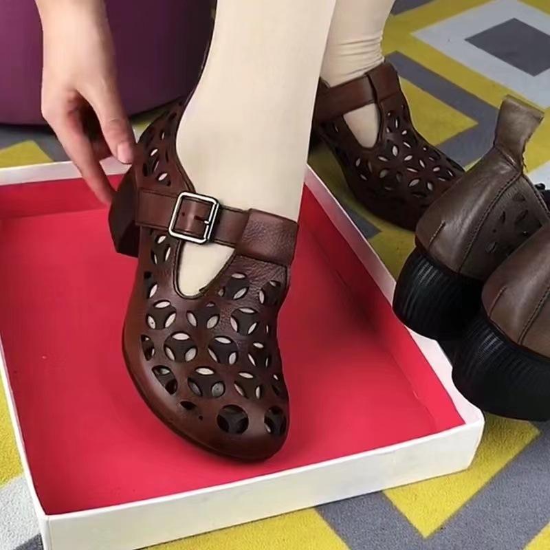 Ethnic Style Retro Casual Real Soft Leather Single Shoes Women's Year Thick Heel Soft Sole Mother Shoes Hollow Hole Shoes
