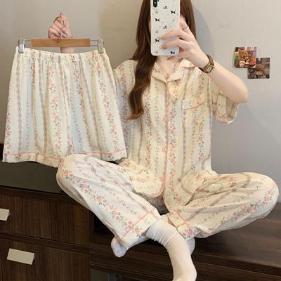 Французская полосатая пижама 'Сад Моне' из облачного хлопка с коротким рукавом, женский летний комплект для отдыха из трех предметов