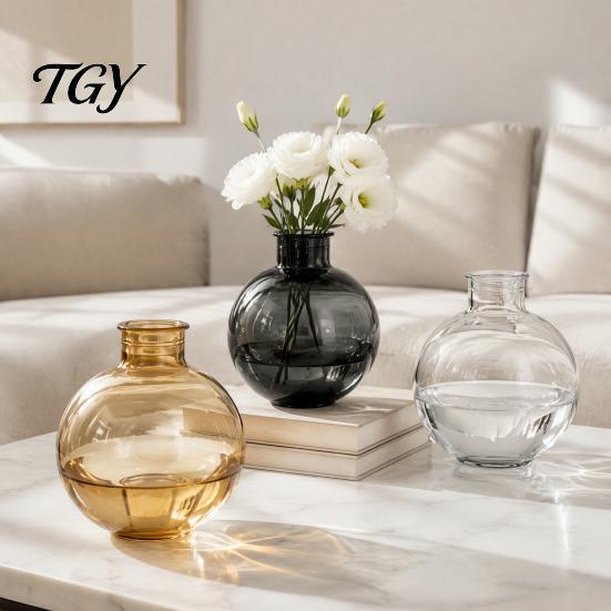 Decorative Vessel for Green Plants Clear Round Resin Vase, Transparent Sphere Flower Pot with Jute Small Vase Dried Flowers Bow, Modern Plastic