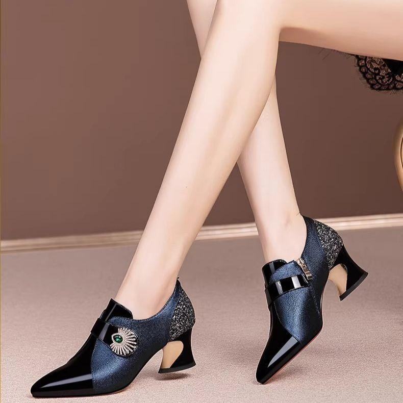 Rhinestone Soft Leather Middle Heel Deep Mouth Single Shoes Women'S Thick Heel Color Matching Pointed Women'S Leather Shoes Side Zipper Mom Shoes