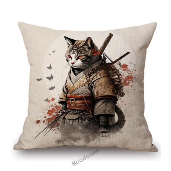 Funny Cute Cat Samurai Catoon Home Decorative Sofa Throw Pillow Case Cotton Linen Car Chair Cushion Cover