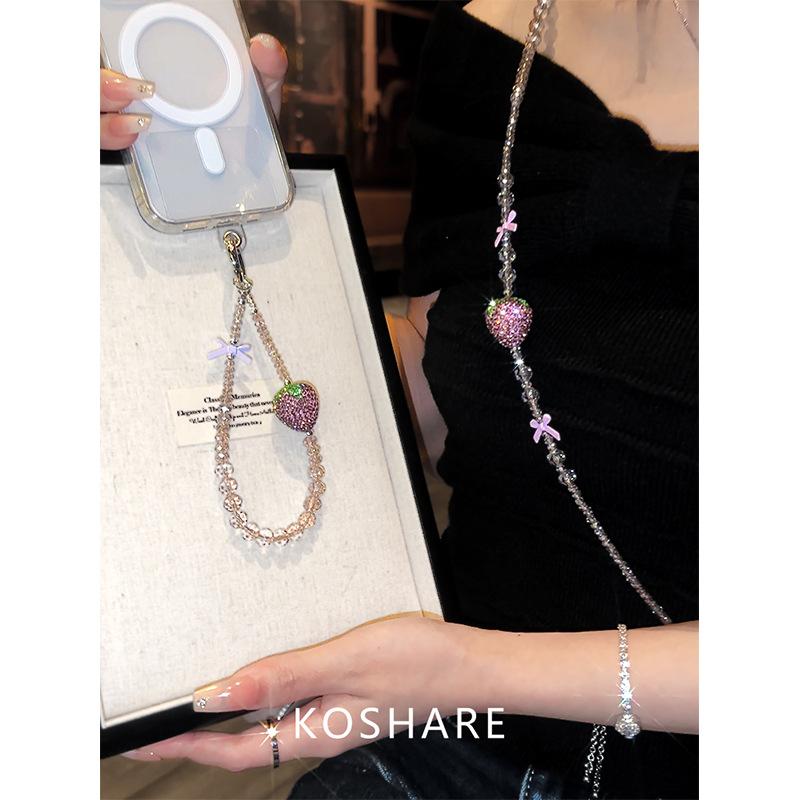 Diamond-encrusted strawberry crossbody back mobile phone chain high-end neck hand carry crystal pendant