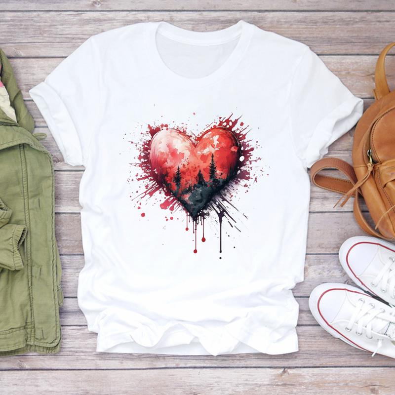 (Азиатский размер) Женская женская футболка с леопардовым принтом Love Heart Trend, милая одежда, повседневная модная футболка с короткими рукавами, женская футболка с графическим рисунком