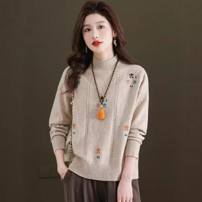 Красный жаккардовый свитер с полувысоким воротником женский осенне-зимний в западном стиле свободный вязаный базовый свитер