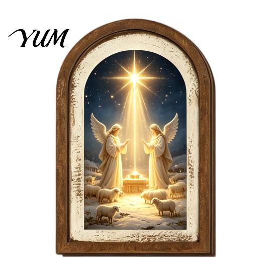 Glowing Christmas House Pictures Vintage Arched Wooden Wall Art, Double Layer Wood Framed Sign, Farmhouse Tree Decorations Xmas Print Hanging