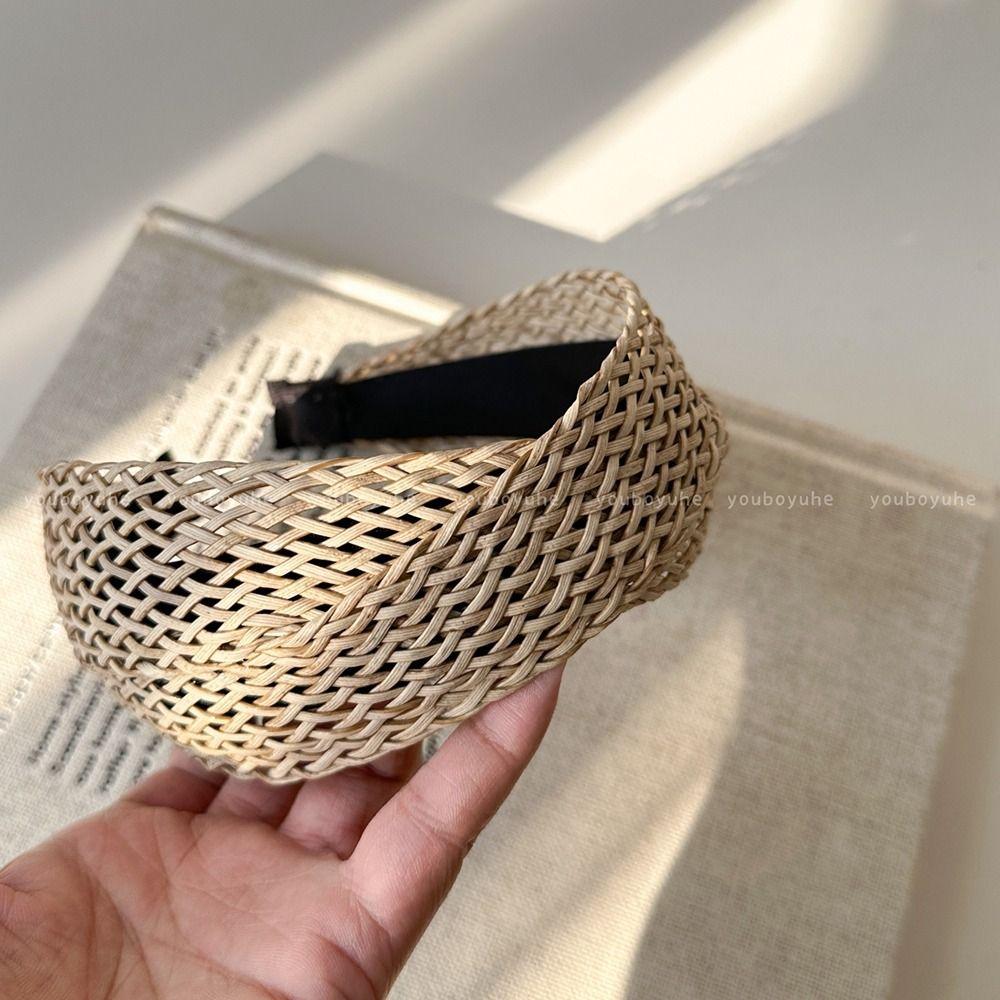 Hollow Straw Weave Headband Vacation Style Bohemian Style Hair Hoop Wide Edge Hairband Women