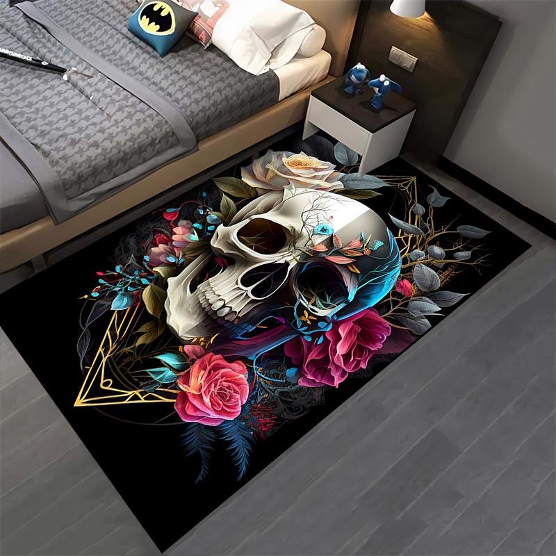 Skull and Floral Design Carpet with Roses and Abstract Elements Suitable for use as an anti-slip for living room bedroom sofas