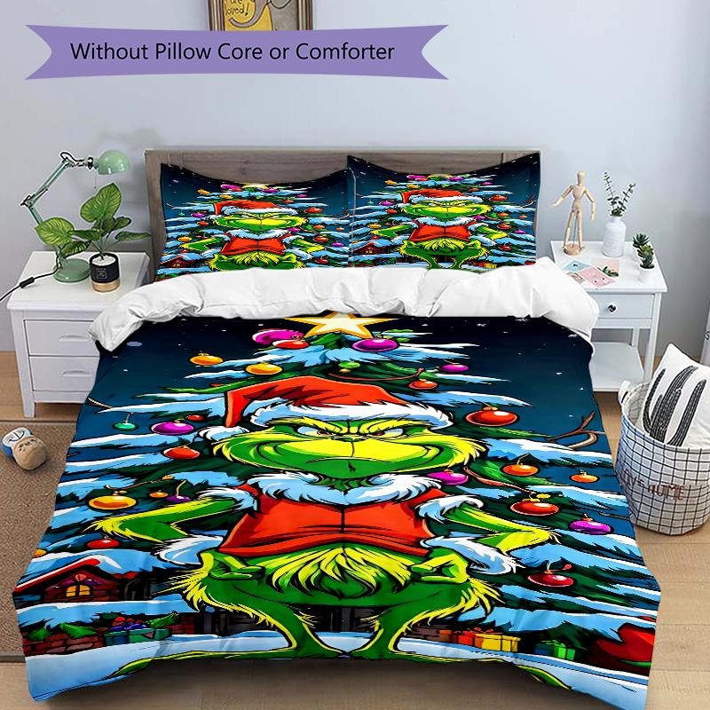 3Pcs Christmas Grinch Tree Bedding Set Quilt Cover Pillowcase Home Christmas Xmas Halloween Gift 1 Duvet Cover 2 Pillowcase S921568