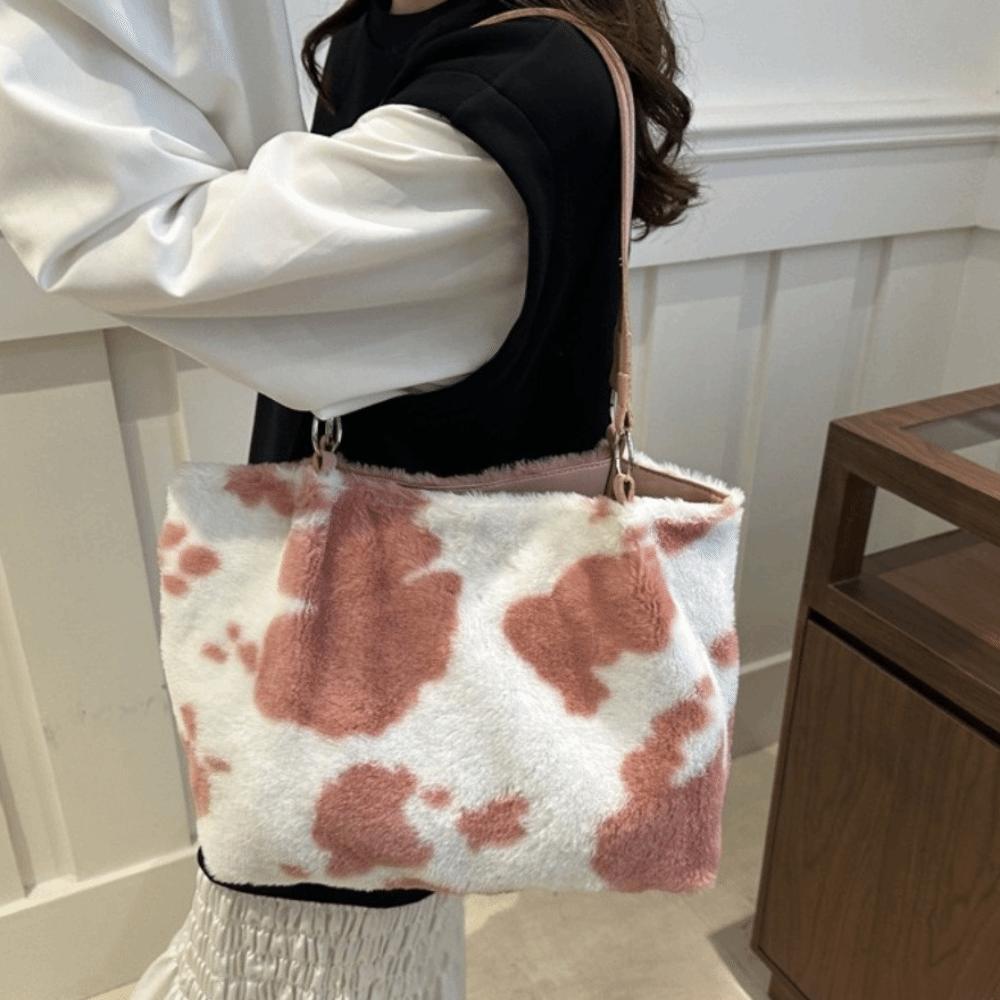 Large Capacity Plush Tote Bag Durable Underarm Bag Fashion Cow Print Shoulder Bag Winter