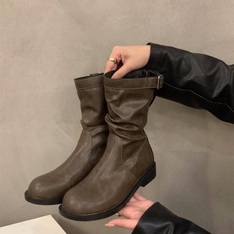 Women Round Toe Pile Chunky Heel Ankle Boots Comfortable Lightweight Mid-calf Knight Boots Autumn Casual Outdoor Shoes
