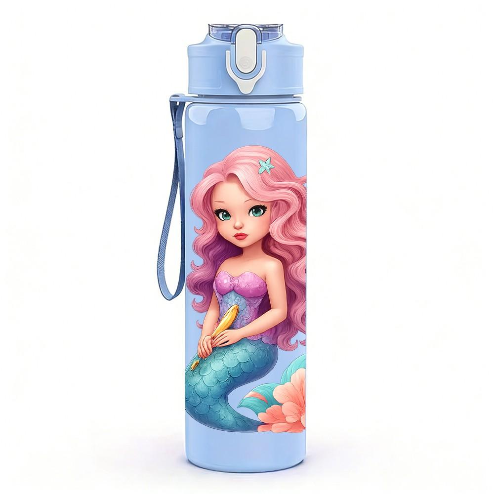 1PC Ocean Mermaid Cartoon Art 750ml Color Plastic Sports Water Bottle Leakproof Flip Straw Lid Suitable for Sports Office Home Use