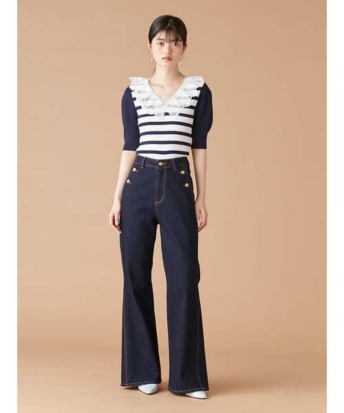 Lily Brown Border Knit Top LWNT252021 Women's Lace-Collar