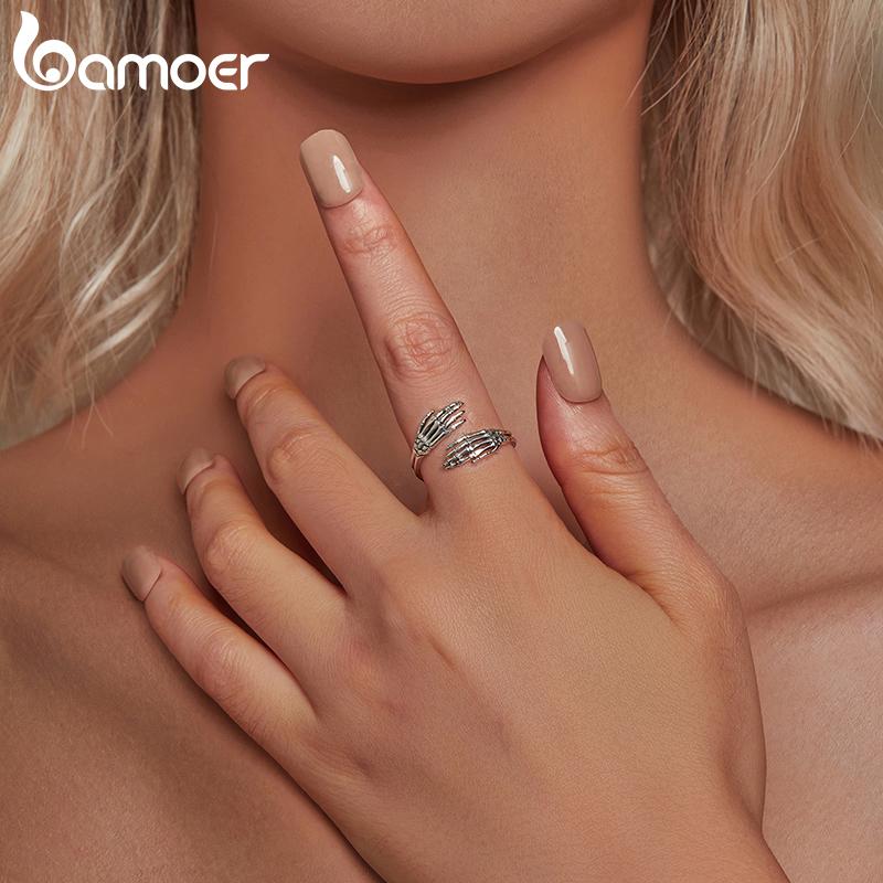 BAMOER 925 пробы стерлингового серебра кольцо для женщин объятия руки ювелирные изделия череп открытое кольцо винтажное окисленное серебро простота кольцо подарок