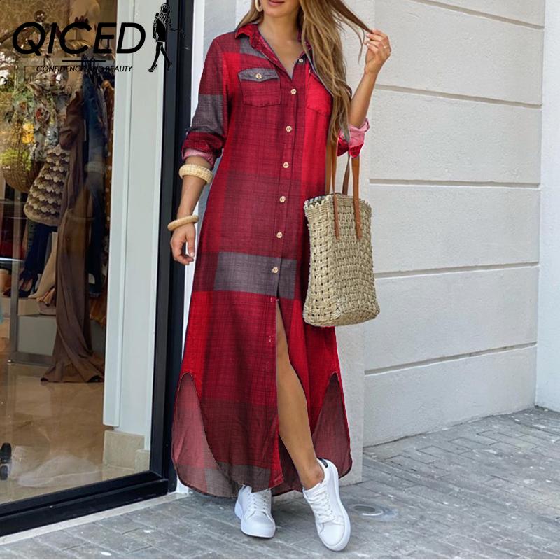 QICED Стильное женское свободное длинное платье-рубашка с воротником и длинными рукавами