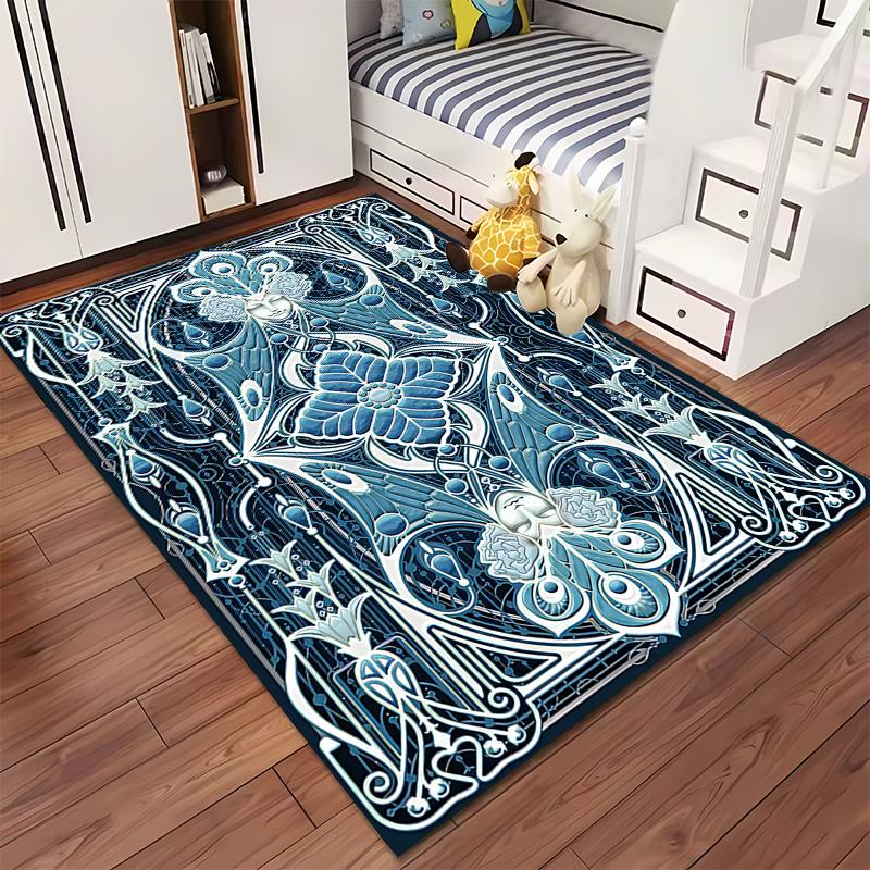 Mandala Flower Pattern Carpet in Blue and White Art Deco Style Suitable for use as an anti-slip for living room bedroom sofas