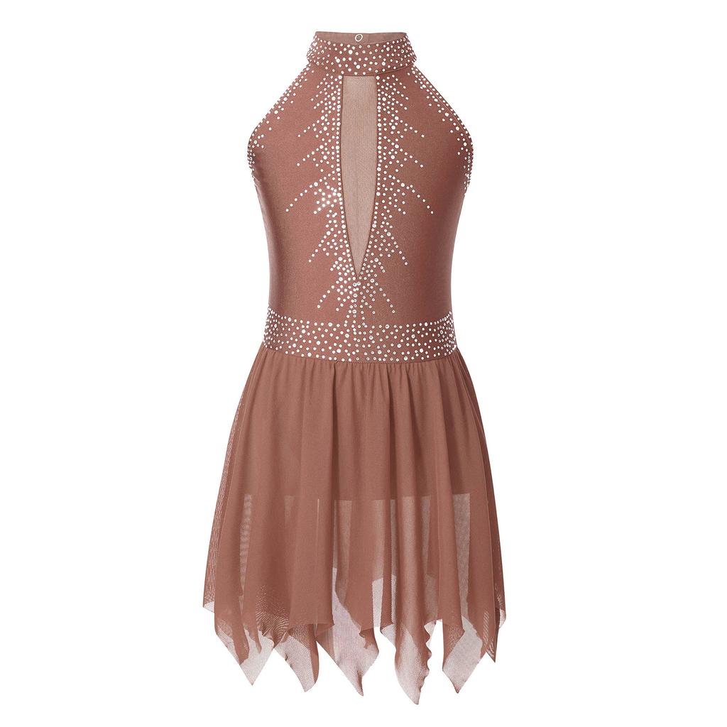 Платье для фигурного катания для девочек с блестящими стразами, с открытой спиной, асимметричной юбкой из сетки, леотард