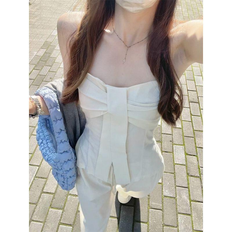 Pure Desire Style Suit Niche Style Pleated Tube Top Vest Women's Clothing Summer High Waist White Straight-Leg Pants Casual Pants Two-piece Set