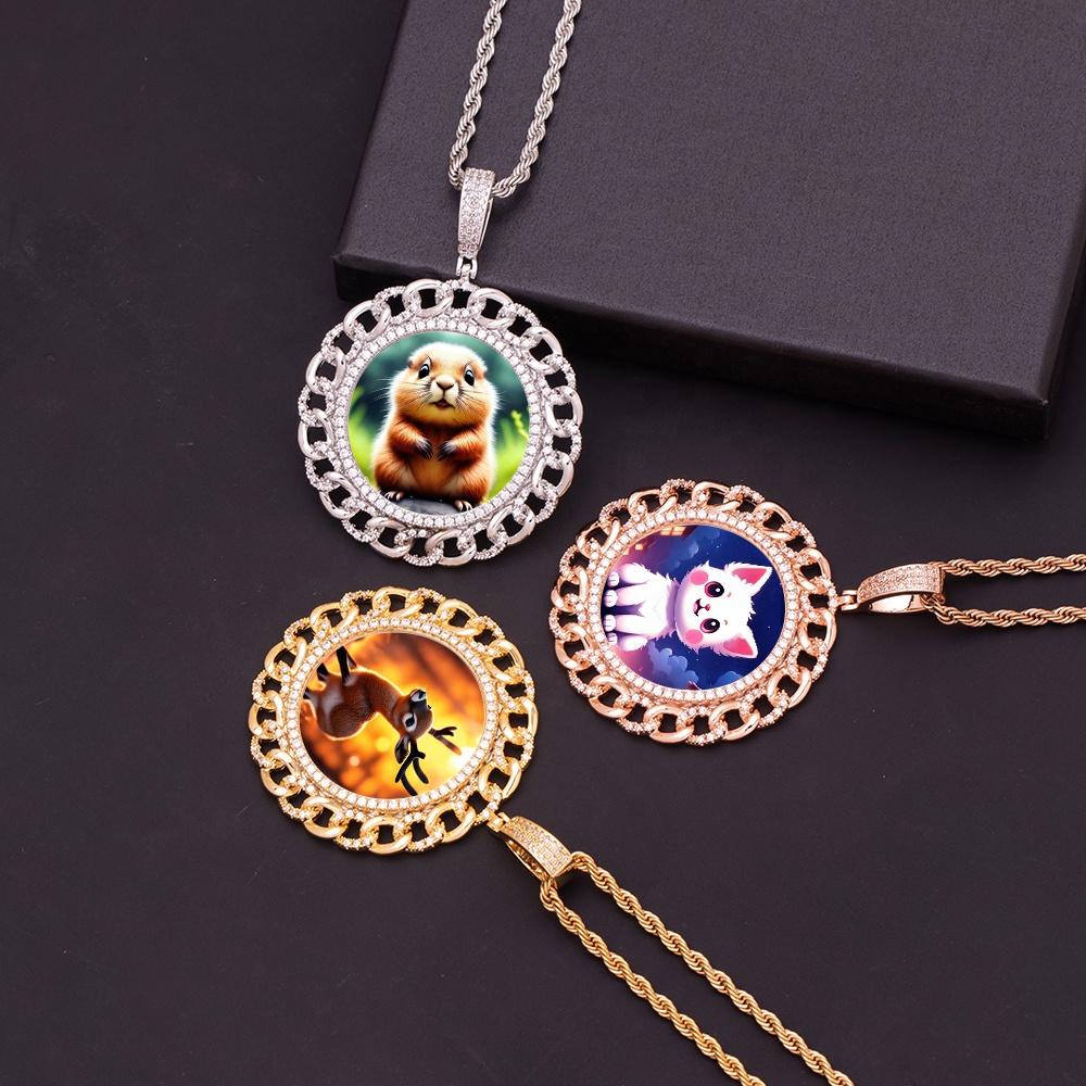 Dropshipping Iced Out Cuban Link Design CZ Round Memory Photo Frame Pendant Zircon DIY Circle Picture Medallion Necklace Jewelry