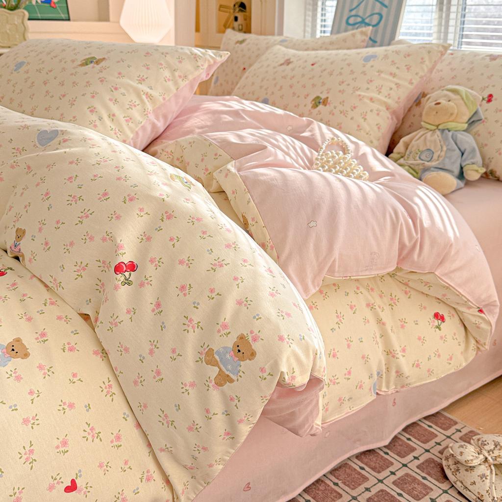 Small fresh pure cotton bed four-piece cotton quilt cover bed sheet student dormitory three-piece bedding can sleep naked skin-friendly