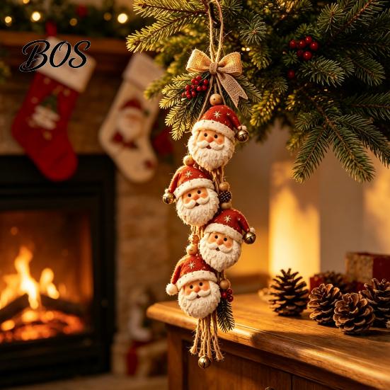 Christmas Decorations for Home Shop Wooden Santa Claus Hanging Ornament, 2D Flat Pattern Sign with Jute Xmas Tree Pendant Rope And Bell, Vintage Door