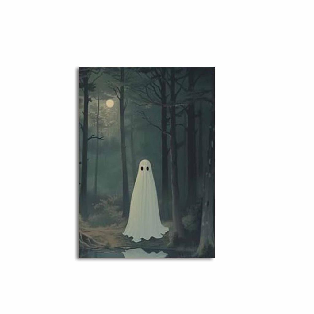 Retro Ghost and Black Cat Animal Canvas Prints Ghost Couple Flower Wall Art Posters for Modern Living Room Halloween Home Decor