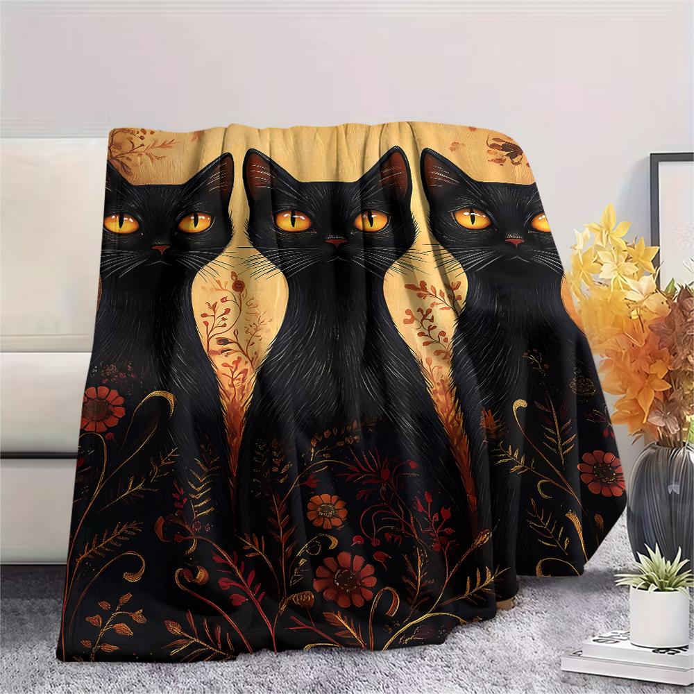 Retro Mysterious Kitten Print Flannel Blanket,High quality Comfortable for All Seasons,Home Decor,Warmth and Comfort,Perfect for Christmas Gifts