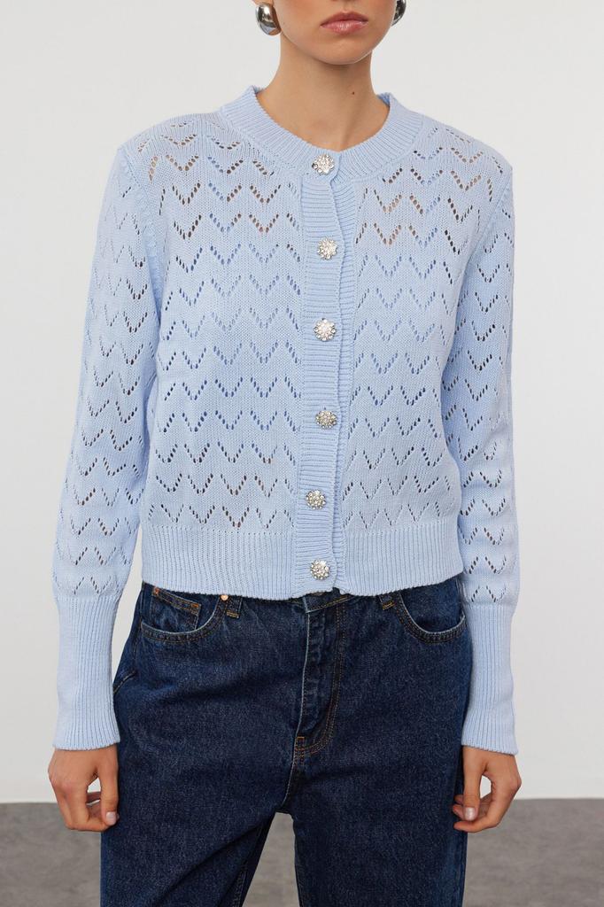 Women's Fashionable Stylish Cardigan Blue Button Detailed Openwork Perforated Blouse-Cardigan Set