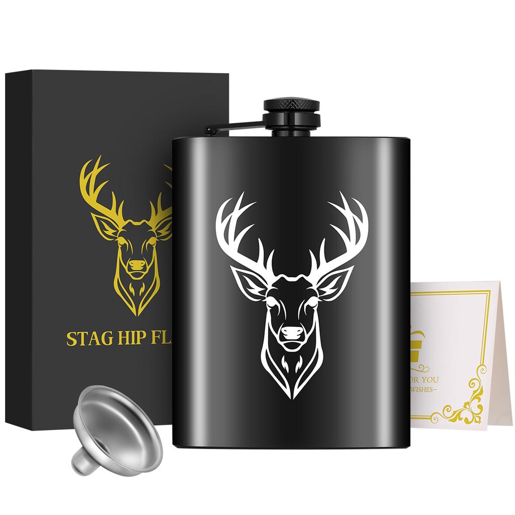 8 oz Black/Silver Portable Elk/Skull Pattern Hip Flask Metal Stainless Steel Wine Bottle with Funnel Gift for Wine Lovers