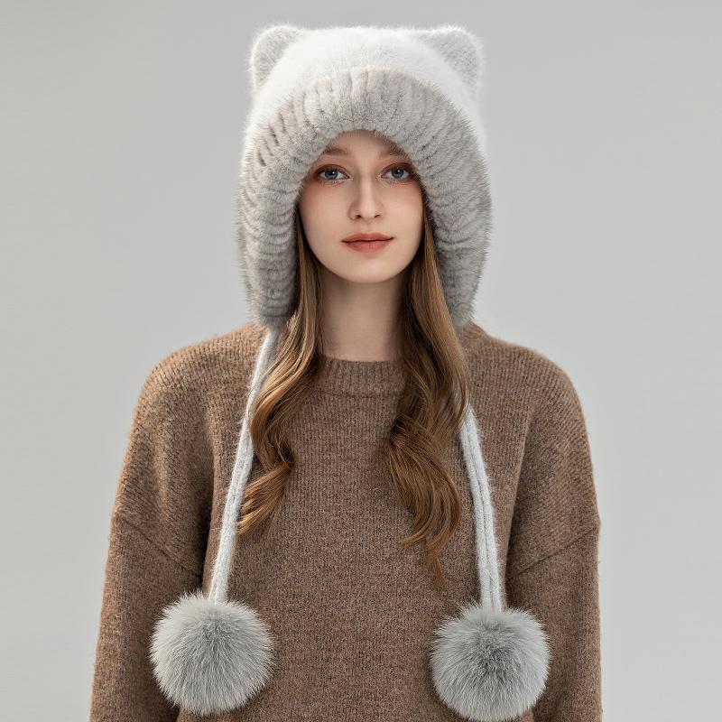 Luxury Women's Hand Knitted Adjustable Winter Beanie Mink/Fox Fur Lined Thermal Ear Protection Fashionable Functional Earmuffs