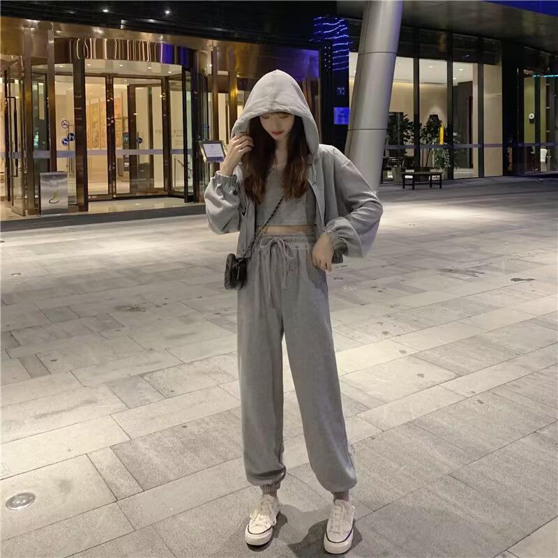 Women's Spring 2025 Three-Piece Tracksuit: Simple Hooded Jacket & Long Pants Set, Long-Sleeved Design
