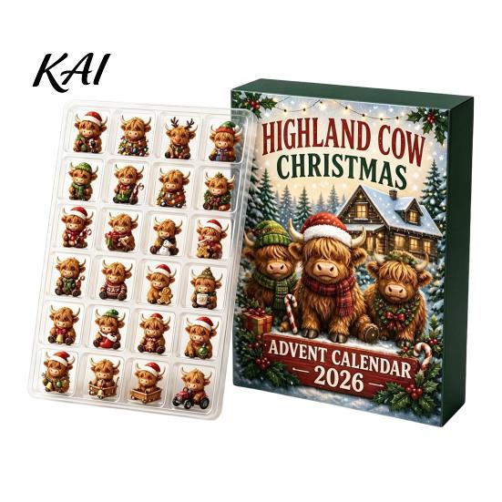 Christmas Countdown Calendar 2026 Highland Cow Advent Calendar, 24-Day Acrylic Ornament Set with for Kids Mini Figures, Tree Hanging Decor, Gift