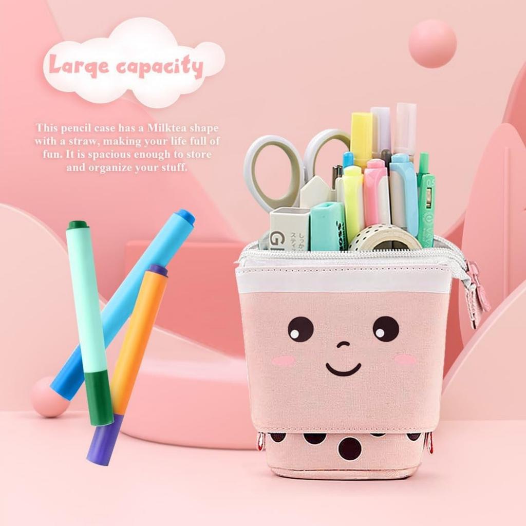 Milk Tea Design Expandable Canvas Pencil Case Portable Multi-Function Storage Organizer for School Desktop Drawer Organizers
