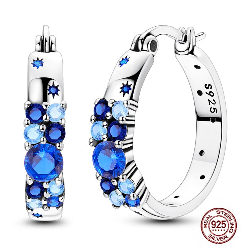 Sparkling Women Hoop Earrings 925 Copper Heart Shape Star Moon Round Blue Zircon Fit Origina Drop Earrings Zircon Holiday Gifts