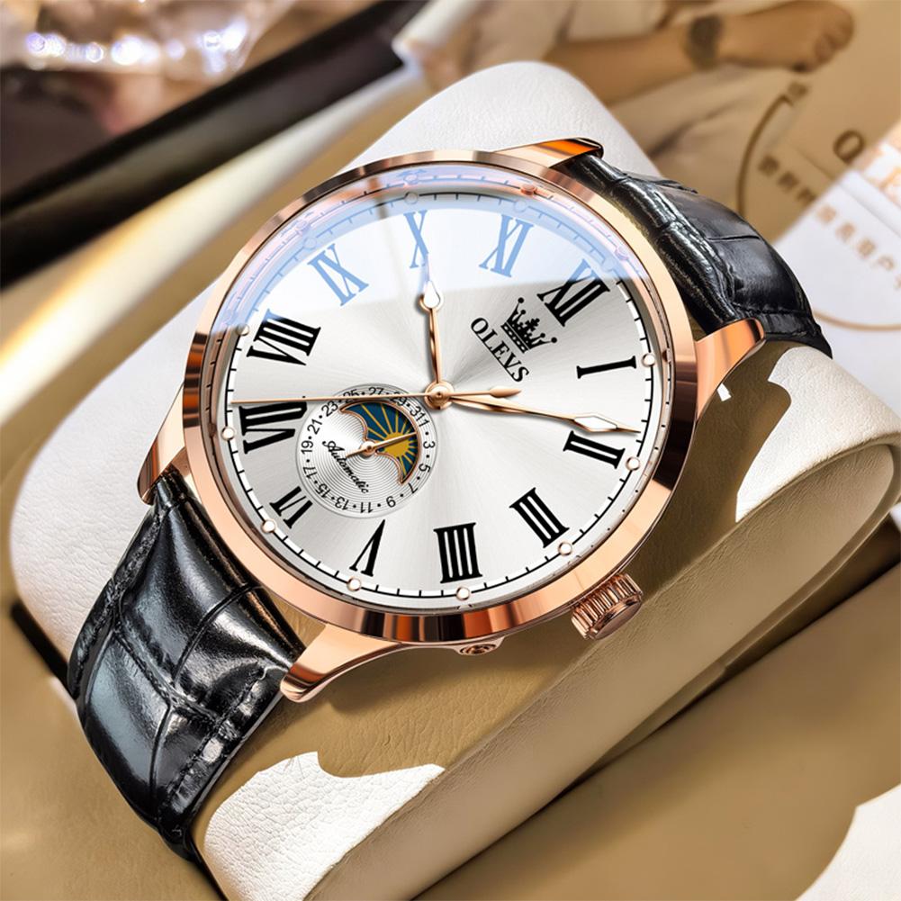 OLEVS New Fashion Automatic Men Watch Casual Mechanical Watch Men's Luxury Top Leather Moon Phase Watch Reloj+Box
