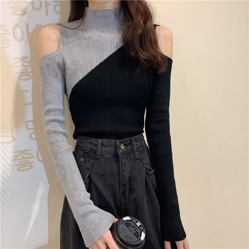 Свитер женский, полуводолазка без бретелек, сексуальный пуловер, трикотаж, тонкий корейский лоскутный топ, модный свитер, осенне-зимний джемпер