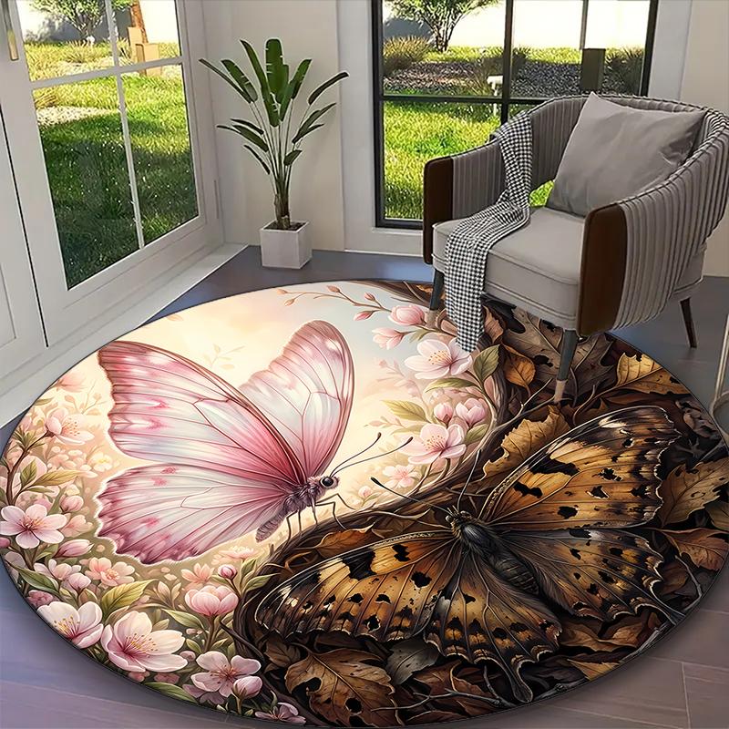 1pc Office Carpet, Earthy Beige Wildflower Butterfly Meadow Chair Rug, Living Room Printed Round Rug, Home Chair Floor Mat