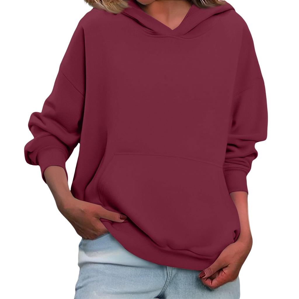 Women's Loose Long Sleeved Solid Color Casual Fleece Pullover Hooded Sweatshirt